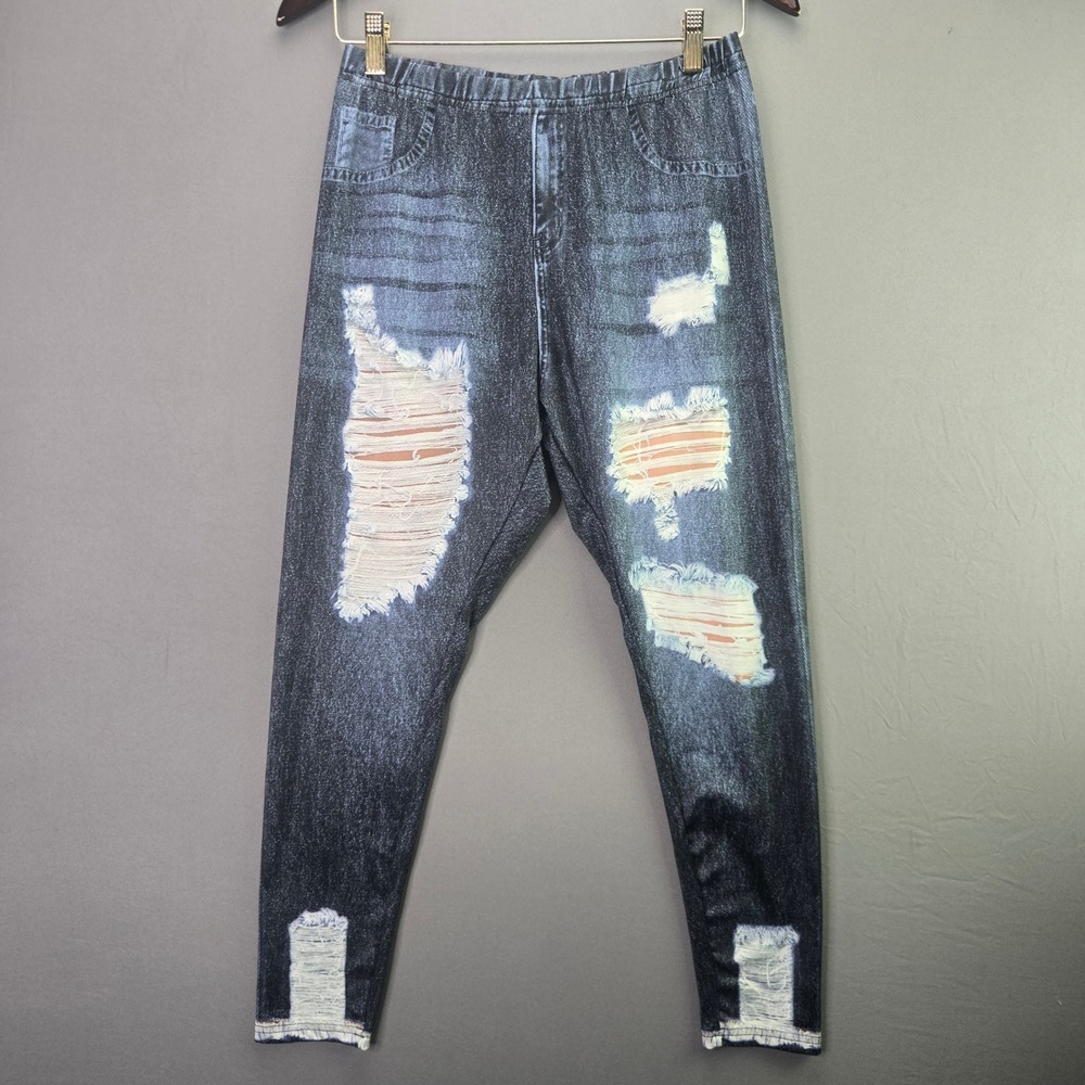 SHEIN Denim Print Leggings Distressed Ripped Graphic Jeggings 0XL Blue Stretch